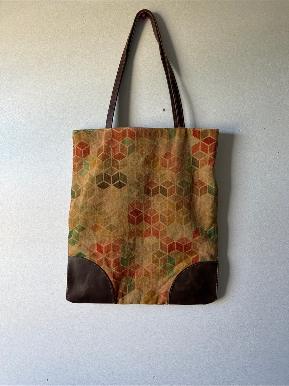 Boho look Tote Bag with Multicolor Geometric Print and Brown Leather Trim